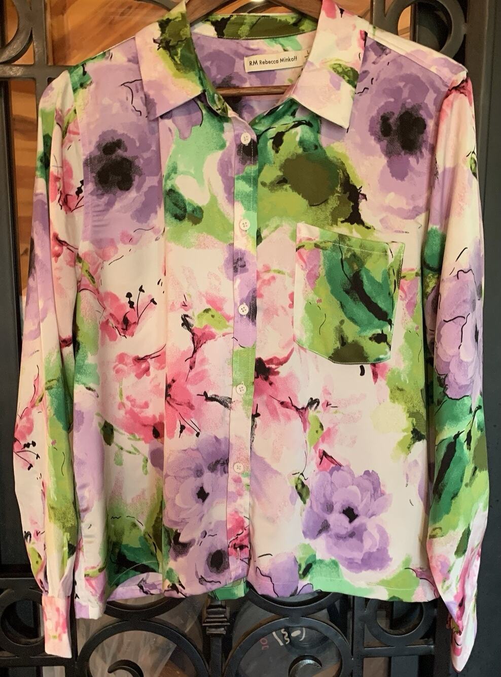 RM Rebecca Minkoff Watercolor Floral Button Down Top Blouse Size L